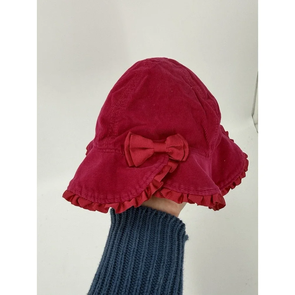 Ralph Lauren Pink Frill-Trim Hat Corduroy-Bow‎ Detail-RL Initials-Floral Lining
